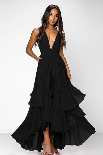 Black Deep V Neck Ruched Ruffles A Line Formal Dress
